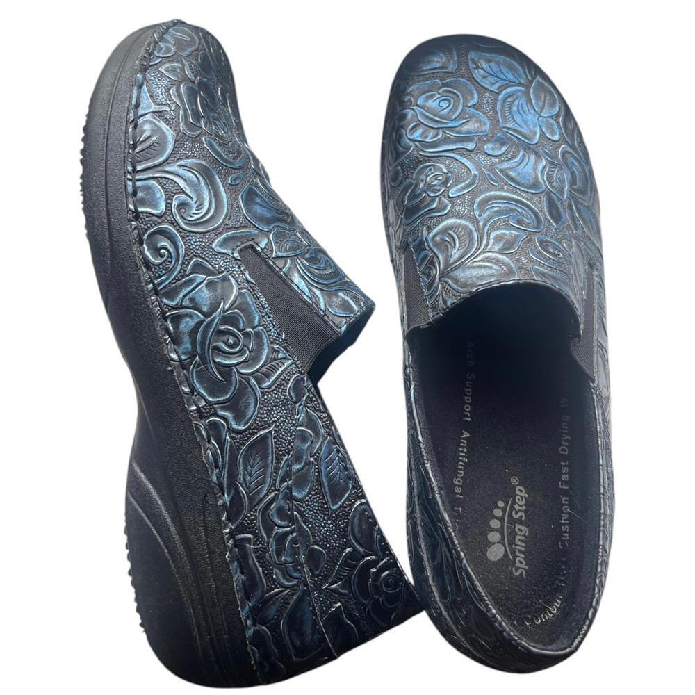 Spring Step Manila Slip On Comfort Shoe Hybrid Blue Floral Tooled Leather Sz 8.5 - Picture 7 of 12